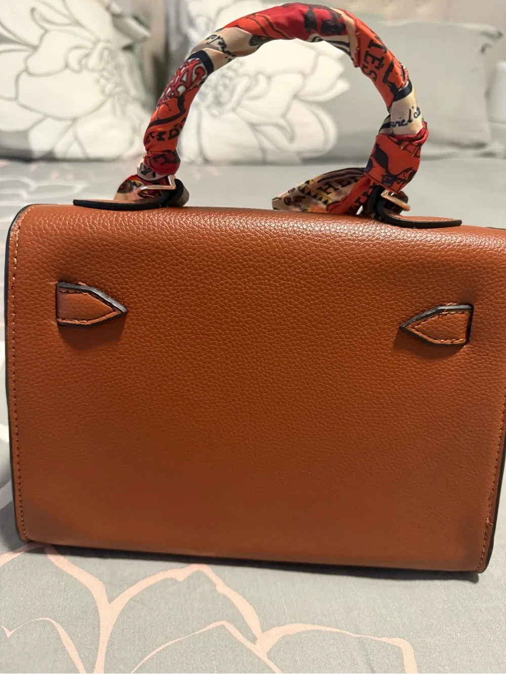 Tan Leather Top-Handle Handbag with Scarf-Wrapped Handle